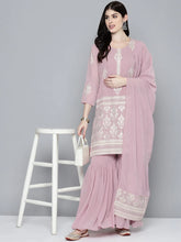 Women Pink & Silver Ethnic Motifs Foil Printed Straight Kurta Sharara Dupatta